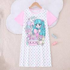 Girls Nightgowns Children's Clothing Shein Tween Girl Pink Cartoon Girl Print Flame Retardant Long Nightdress - Pink