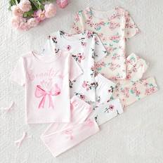 Shein Young Girl 6 Pieces Short Sleeve And Long Pants Snug Fit Bow And Flower Print Pajamas Set