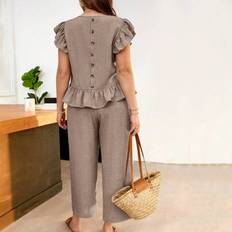 Shein Plus Size Solid Color Short Sleeve Top And Long Pants - Summer