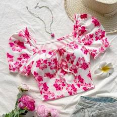 Puff Sleeve Blouses Shein Soleia Women's Romantic Floral Print Keyhole Neck Puff Sleeve Tie Front Crop Blouse Top - Afternoon Tea