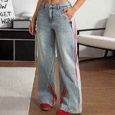 Stripes Jeans Shein Women's Side Stripe Pocket Wide Leg Loose Casual Jeans