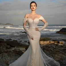 Shein Vintage Off-The-Shoulder Royal Lace Long Sleeve Wedding Guest Dress - Mesh