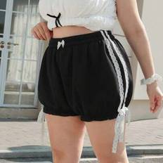 Lace - Women Shorts Shein Plus Size Black Lace Patchwork Bowknot Tie Waist Cute Girl Shorts - Black