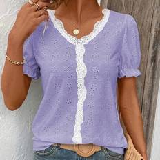 Lace T-shirts Shein Women's Vacation Contrast Lace Embroidered Puff Sleeve T-Shirt
