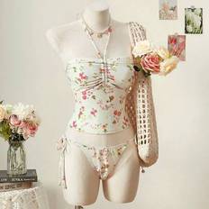 Florals Bikinis Shein Floral Print Halter Bikini Set - Ruched