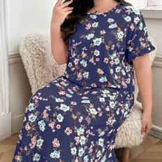 Shein Plus Size Floral Print Round Neck Short Sleeve Long Nightgown