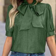 Shein Elegant H-Shape Puff Sleeve Bowknot Neck Solid Color Blouse