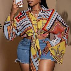 Cropped Shirts Shein Maweii Plus Size Tie-Front Cropped Long Sleeve Shirt - Summer