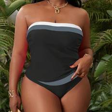 Shein Plus Size Women Colorblock Bandeau Tankini Set - Backless Strappy