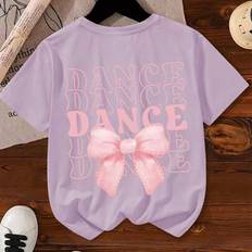 Purple Tops Shein Young Girl's Bowknot And Slogan Print Round Neck Short Sleeve Tee - Spring/Summer