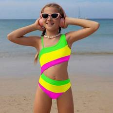 Girls Swimwear Children's Clothing Shein Tween Girls Colorblock Asymmetric Neckline Neon One-Piece Swimsuit - Purple