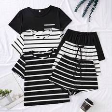 L Pyjamas Shein 3-Piece Stripe Casual Short Sleeve Top And Shorts Women Pajama Set