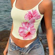 Shein Retro Style Vacation Tropical Cream Yellow Floral Print Sexy Spaghetti Strap Cami Top - Yellow/Floral