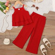 Red Other Sets Shein Fashionable & Comfy Ruffle Strap Top And Pants Set - Summer Vacation