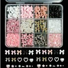 Shein 12-Compartment Box Mixed Resin Pearl Bow, Heart, Mini Floral Decor For DIY Nail Art Accessories, Versatile & Cute