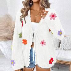 Florals Cardigans Shein Plus Size Women's Solid Color Knit V-Neck Hollow Floral Decor Long Sleeve Cardigan - Spring/Summer
