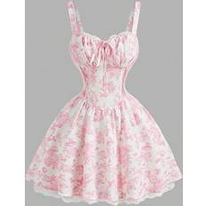 Shein Women's Pink/White Print Lace Trim Cami Strap Mini Dress - Pink/White