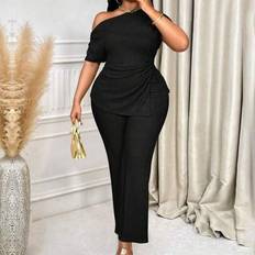 Shein Maweii Plus Size Solid Color Asymmetric Neck Short Sleeve Top And Long Pants Set - 2 Pieces
