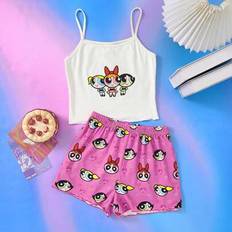 Shein Tween Girl Cute Cartoon Graphic Casual Versatile Cami Top And Rose Pink Shorts Comfortable Pajamas Set