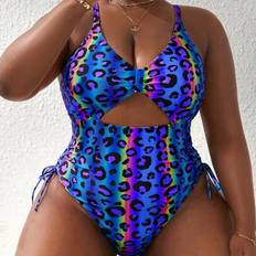 Shein Plus Size Women Leopard Print Ruched Cut-Out One-Piece Swimsuit - Summer