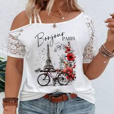 Lace T-shirts Shein Casual Asymmetrical Neckline Lace Trim Short Sleeve Printed Plus Size T-Shirt