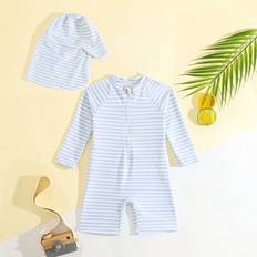 UV Suits Shein Baby Boy Striped Printed Zipper Long Sleeve Swimwear With Cap