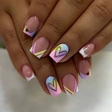 Multicolour False Nails Shein Short Square Fake Nails With Tie Dye - Multicolor