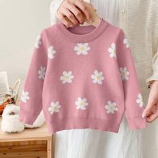 Florals Knitted Sweaters Children's Clothing Shein Baby Girl Floral Pattern Knitted Long Sleeve Sweater - Autumn/Winter