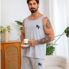 Men - Stretch Sleepwear Shein Men Letter Print Sleeveless Tank Top And Solid Color Shorts Pajama Set