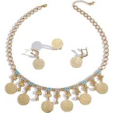 18k - Women Jewellery Sets Shein Bohemian Style 18K Gold Plated Copper Alloy Crystal Inlaid Coin Tassel Earrings - 18K Gold Plated