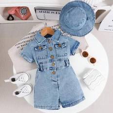 9-12M Playsuits Children's Clothing Shein Elegant Fashion Casual Simple Denim Short Sleeve Romper Paired With Bucket Hat - Summer Outfit