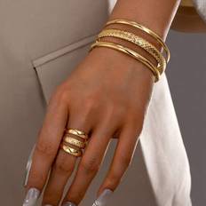 Shein Golden Color Iron Metal Cuff Bangle Chunky Ring Jewelry Set - Golden Color