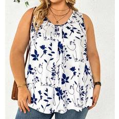 Florals Tank Tops Shein Plus Size Women Summer Holiday Style Loose Pleated Wide Strap Tank Top - Blue/White