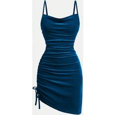 Shein Tween Girl Velvet Surplice Neckline Waist Ruched Bodycon Blue Dress - Blue