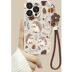 Hedgehog Pinecone Cartoon Painted Lanyard Design Beige Phone Case With Strap