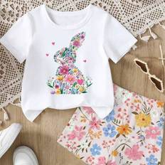 Elastane Other Sets Shein Baby Girls Cartoon Floral Rabbit Print Top & Floral Pants Set - Summer Easter Theme