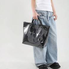 Black Beach Bags Shein Black Glossy Crocodile Print Jelly Waterproof PVC Tote Bag - Black