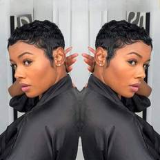 Elegant Pixie Cut Wigs For Women 4 Inch Short Straight Layered 150% Density Malaysian Remy Human Hair Black Color Full Machine
