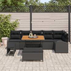 vidaXL 9 Piece Havesofa Sæt med Puder Sort Poly Rattan Akacie Loungesæt