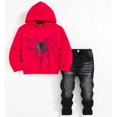 Boys - Red Other Sets Shein Young Boys 2pcs Set Street Cool Denim Effect Spider Graphic Red Sweatshirt Black Distressed Ripped High Stretchy Denim Jeans Outfit - Black/Black