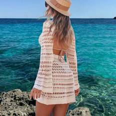 Swimsuit Cover-Ups & Sarong Wraps Shein Women's Spring Summer Beach Outfits Bohemian Sexy Hollowed-Out Backless Long Sleeve Crochet Cover Up Sundress