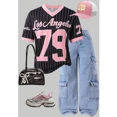 Stripes T-shirts Shein Girl Matching Basic American Street V-Neck Oversized T-Shirts - Black