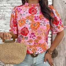Puff Sleeve Shirts Shein Plus Size Casual Vacation Floral All Over Print Puff Sleeve Shirt
