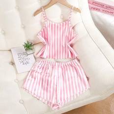 Stripes Night Garments Shein Girls Elegant Striped Watermark Print Camisole Shorts - Spring/Summer