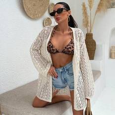 Lace Cardigans Shein Bohemian Lace Open-Knit Long Cardigan - Beige