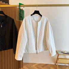 Stripes Jackets Shein Women Striped Woven Fabric Pocket Zipper Round Neck Jacket - Solid Color