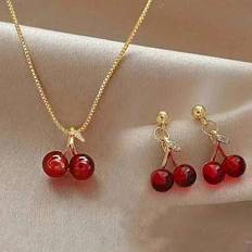 Metal Jewellery Sets Shein Fashionable Cute Red Cherry Necklace & Earrings Jewelry Set - Red