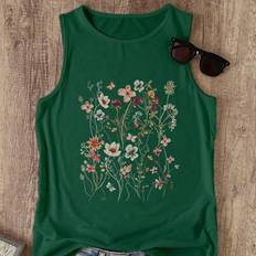 Florals Tank Tops INAWLY Plus Size Floral Print Round Neck Casual Sleeveless Top - Summer