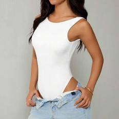 White Bodysuits Shein Women's Solid Color White Sleeveless Casual Backless Bodysuit