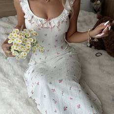 Nightgowns Shein Jacquard Knit Floral Ruffle Trim - Nightgown